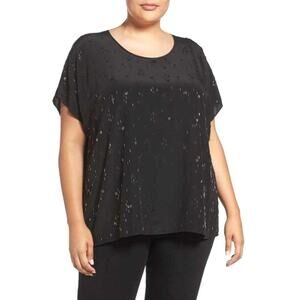Eileen Fisher (M) Black Silk Hand Beaded Relaxed Fit Short Sleeve Top Bohemian